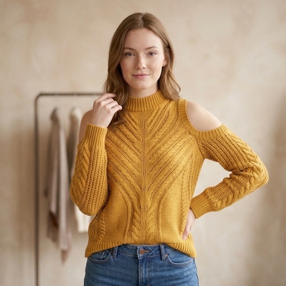 Aeropostale Cold Shoulder Cable Knit Sweater Womens Medium Yellow Boho Festval